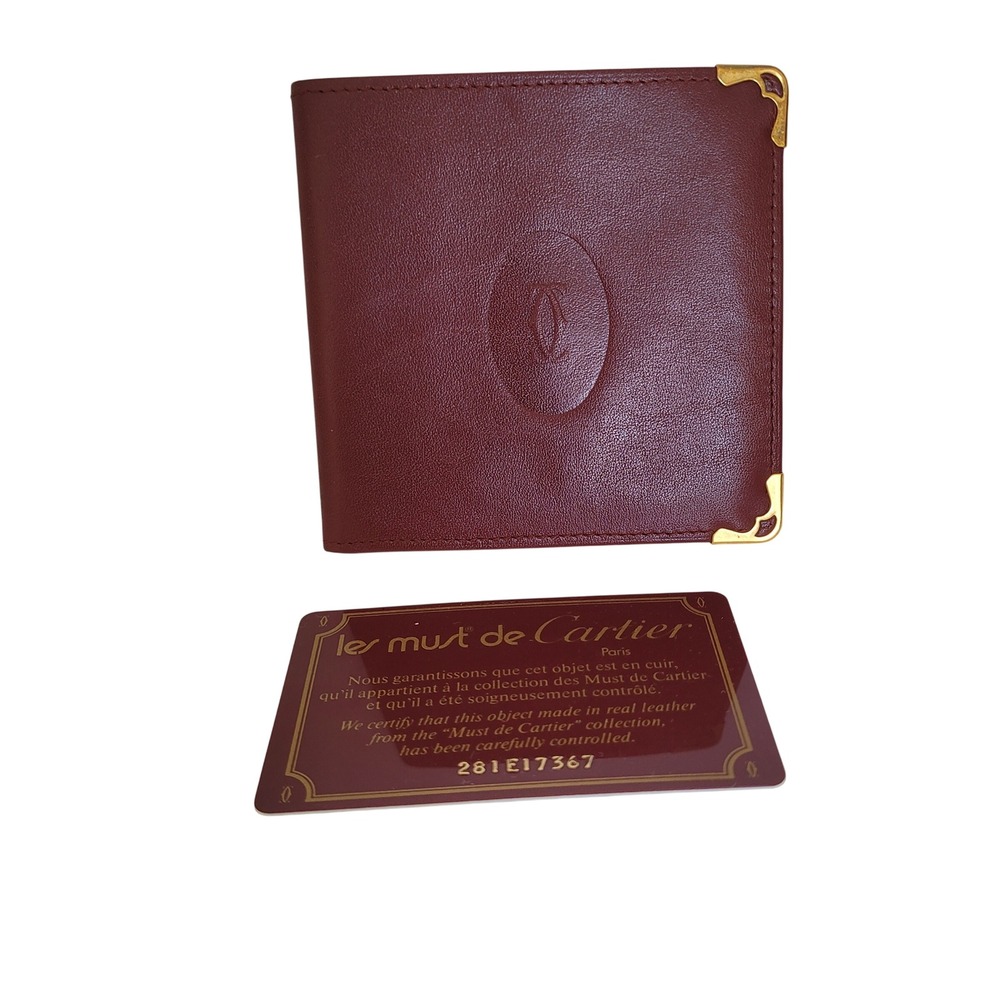 Cartier Must de Cartier Burgundy Leather Bifold Wallet Gold Corners Italy
